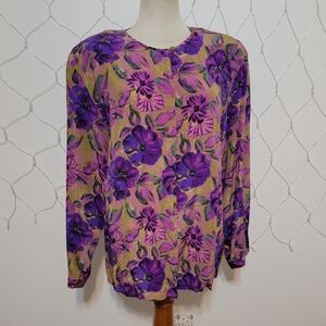 Diane Gilman • 100% Silk Floral Blouse • Purple & Tan • Shoulder Pads • Medium